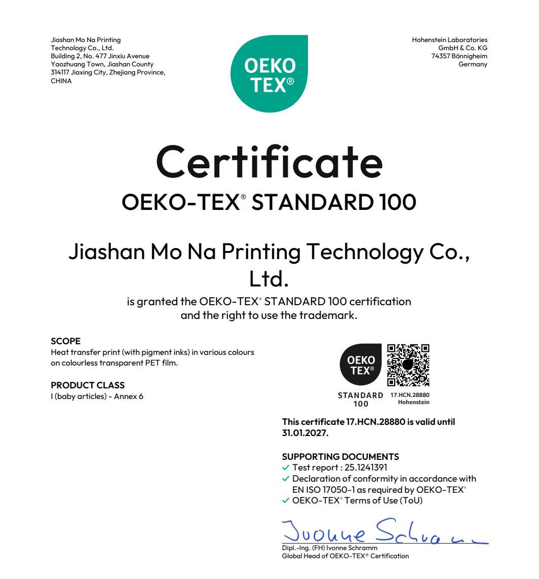Сертификат OEKO-TEX Standard 100 Mona Print